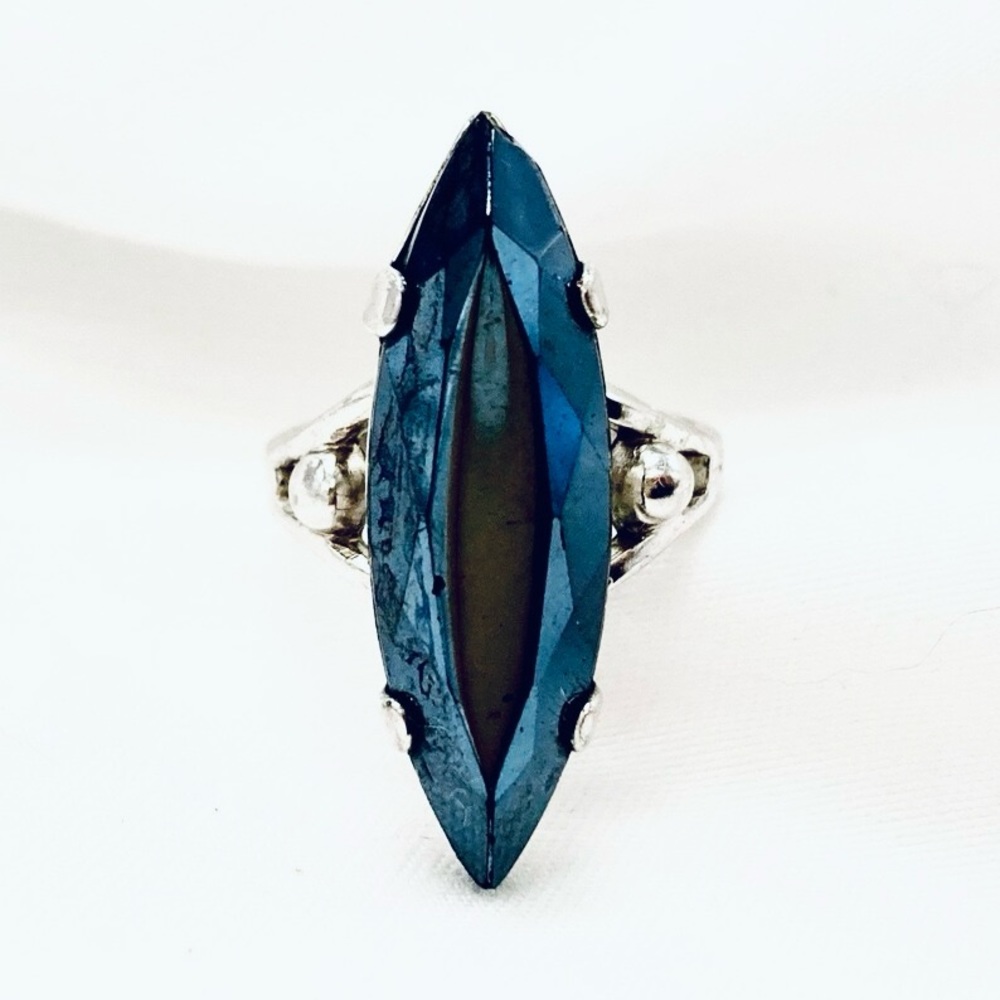 Vintage Vargas Sterling Silver Marquise Cut Hematite Gemstone Statement Ring